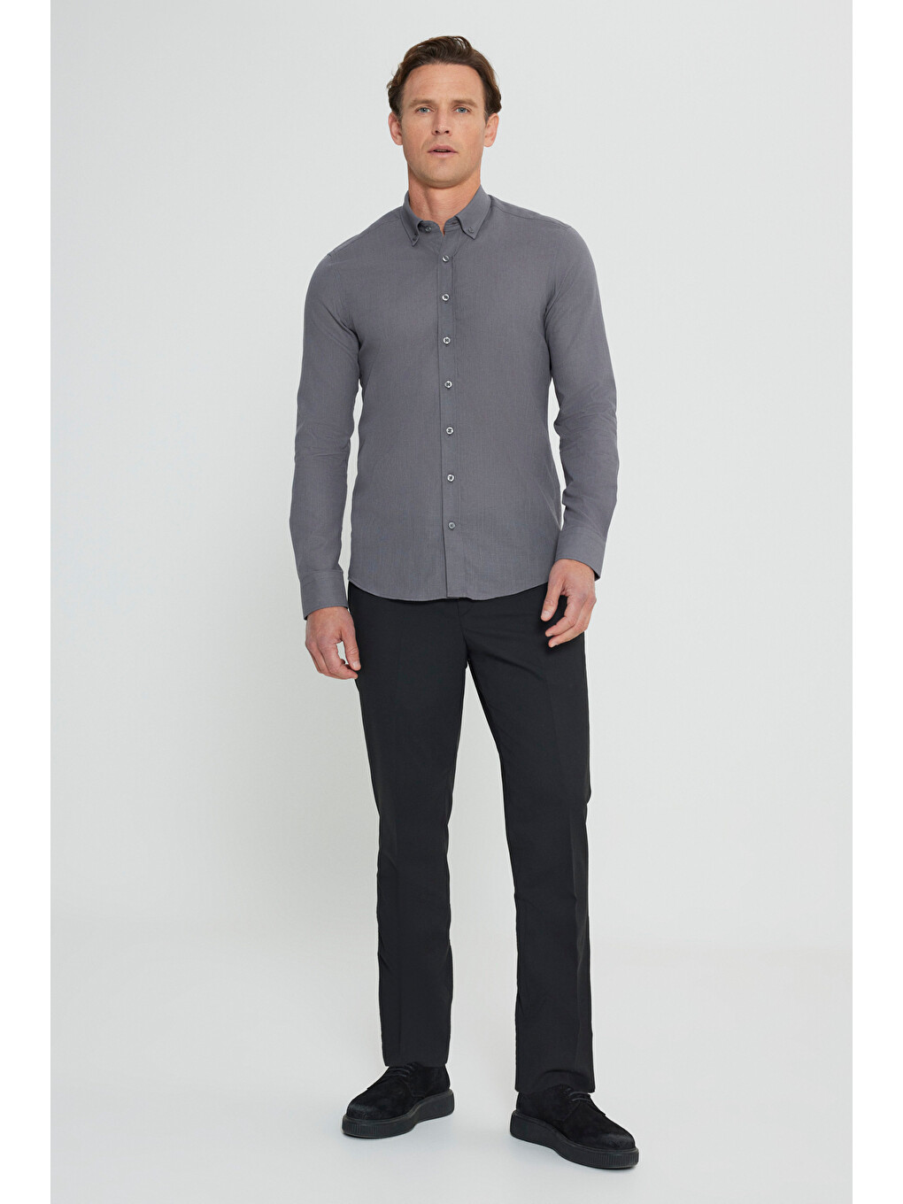 Erkek Antrasit %100 Pamuk Oxford Slim Fit Dar Kesim Düğmeli Yaka Flamlı Gömlek-1