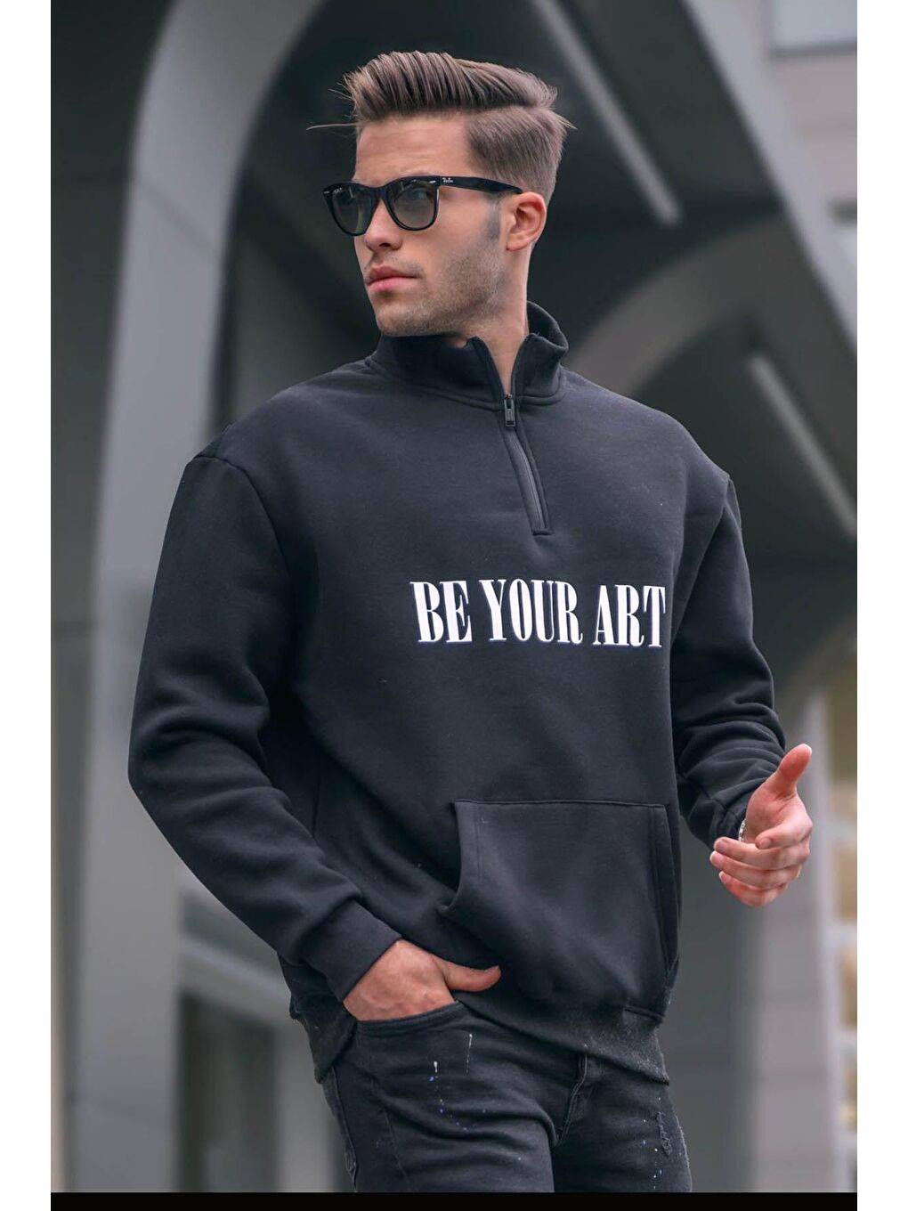 Siyah Fermuar Yaka Baskılı Erkek Fermuarlı Sweatshirt 6032