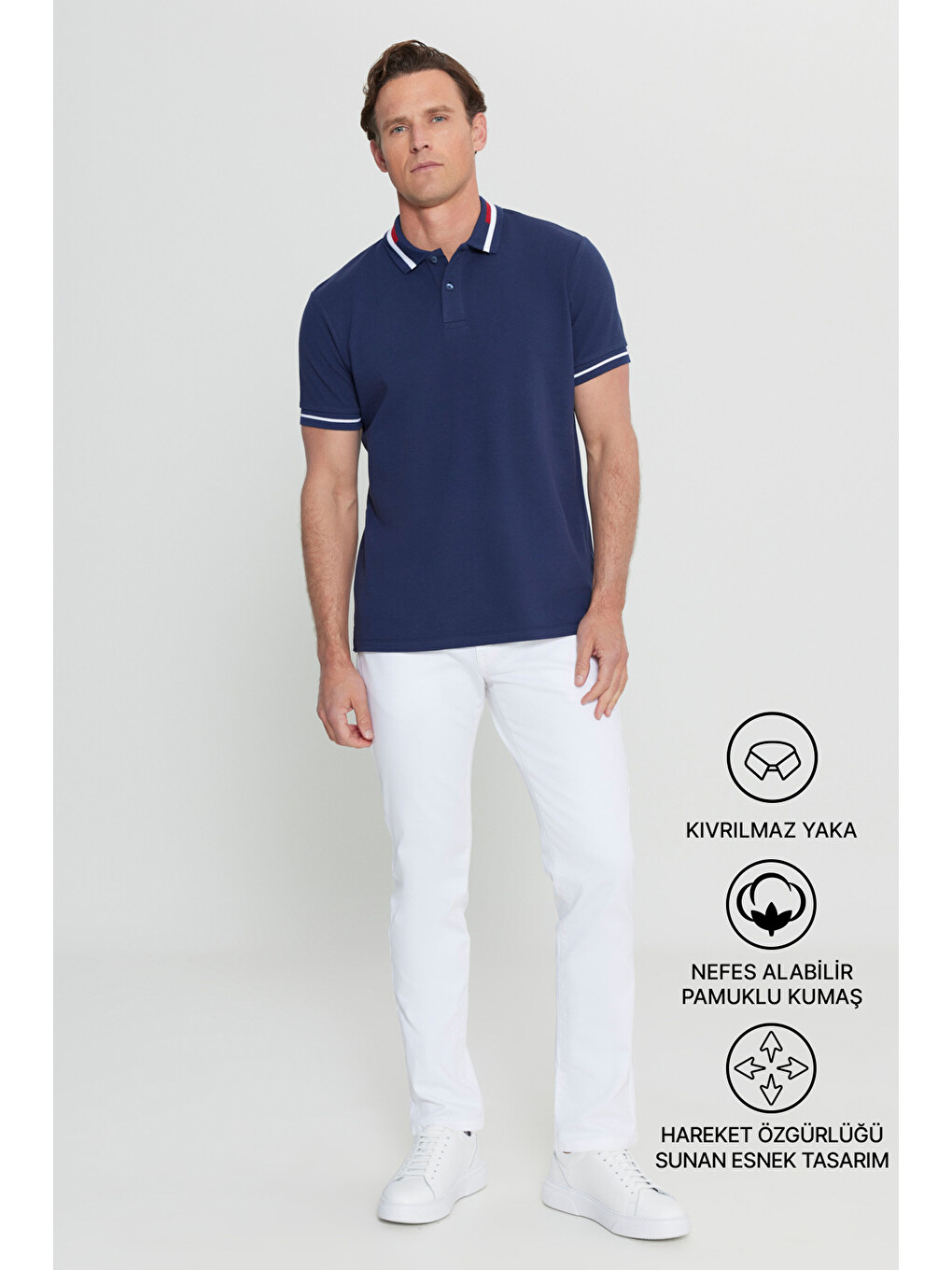 Erkek Lacivert Slim Fit Dar Kesim %100 Pamuk Polo Yaka Tişört-1