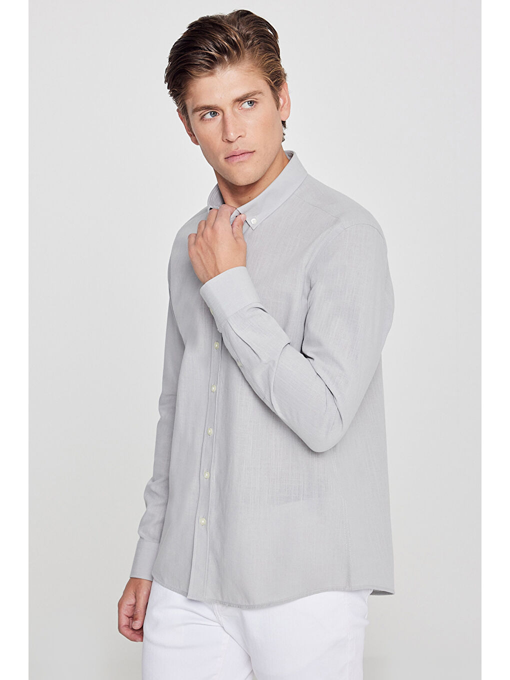 Erkek Gri %100 Pamuk Oxford Slim Fit Dar Kesim Düğmeli Yaka Flamlı Gömlek-1