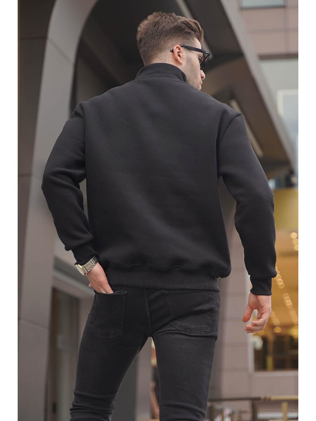 Siyah Fermuar Yaka Baskılı Erkek Fermuarlı Sweatshirt 6032-1