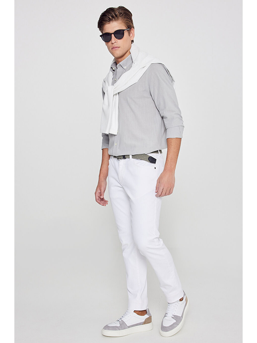 Erkek Gri %100 Pamuk Oxford Slim Fit Dar Kesim Düğmeli Yaka Flamlı Gömlek-2