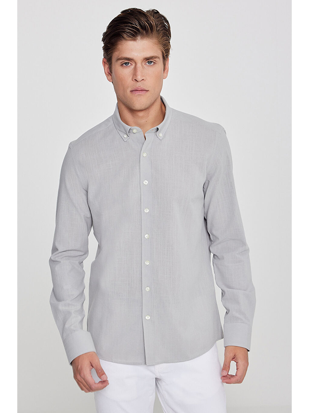 Erkek Gri %100 Pamuk Oxford Slim Fit Dar Kesim Düğmeli Yaka Flamlı Gömlek-3