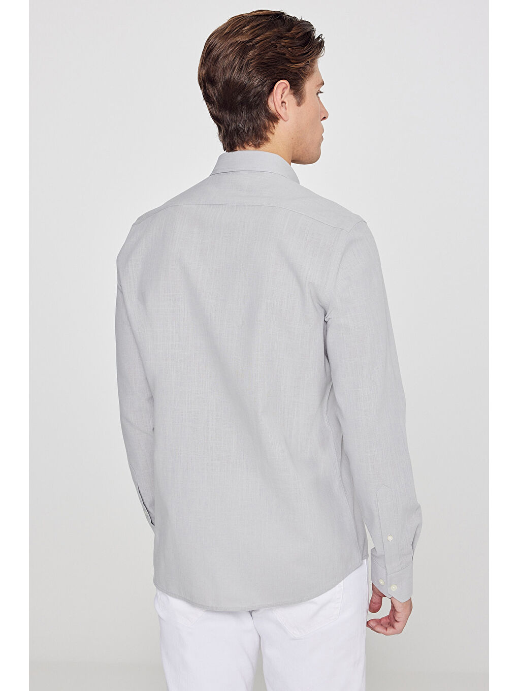 Erkek Gri %100 Pamuk Oxford Slim Fit Dar Kesim Düğmeli Yaka Flamlı Gömlek-5