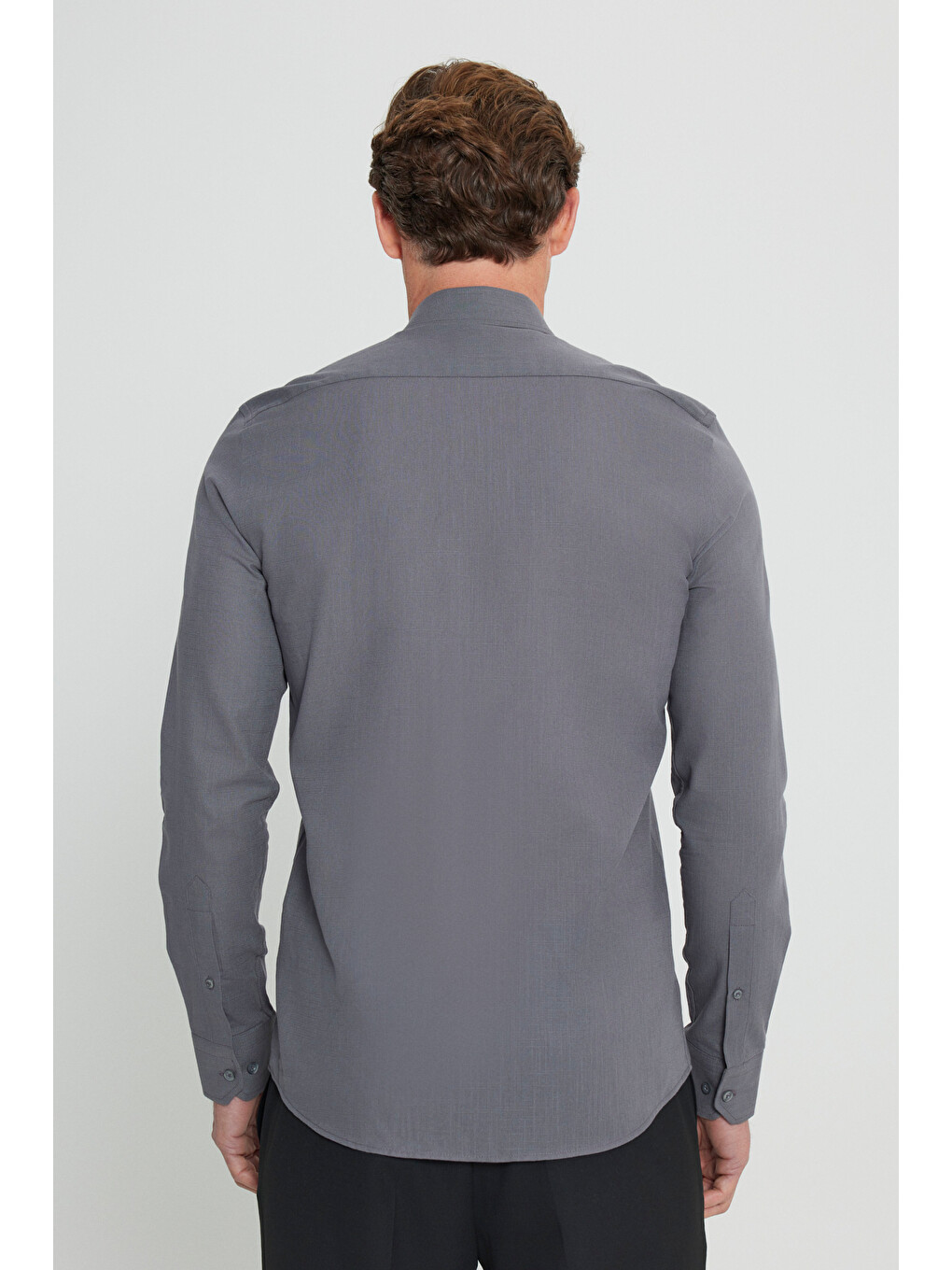 Erkek Antrasit %100 Pamuk Oxford Slim Fit Dar Kesim Düğmeli Yaka Flamlı Gömlek-5