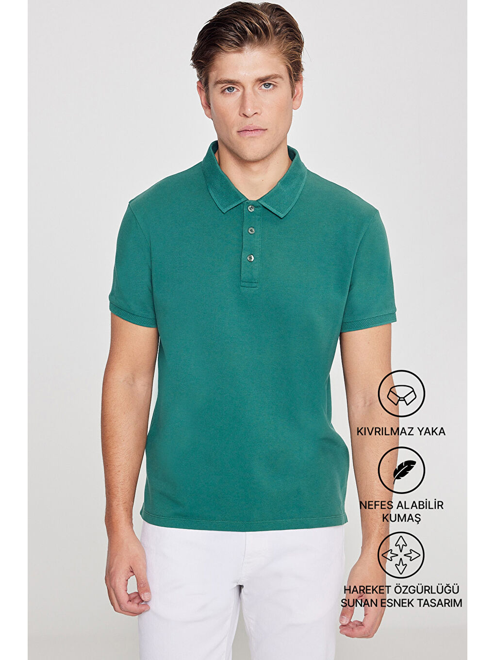 Erkek Koyu Yeşil Slim Fit Dar Kesim Polo Yaka %100 Pamuk Kısa Kollu Tişört