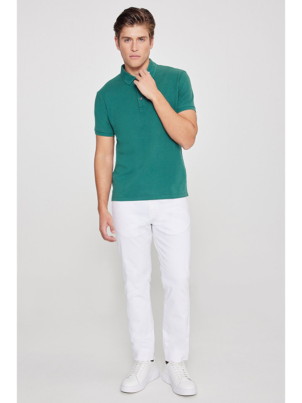 Erkek Koyu Yeşil Slim Fit Dar Kesim Polo Yaka %100 Pamuk Kısa Kollu Tişört-1