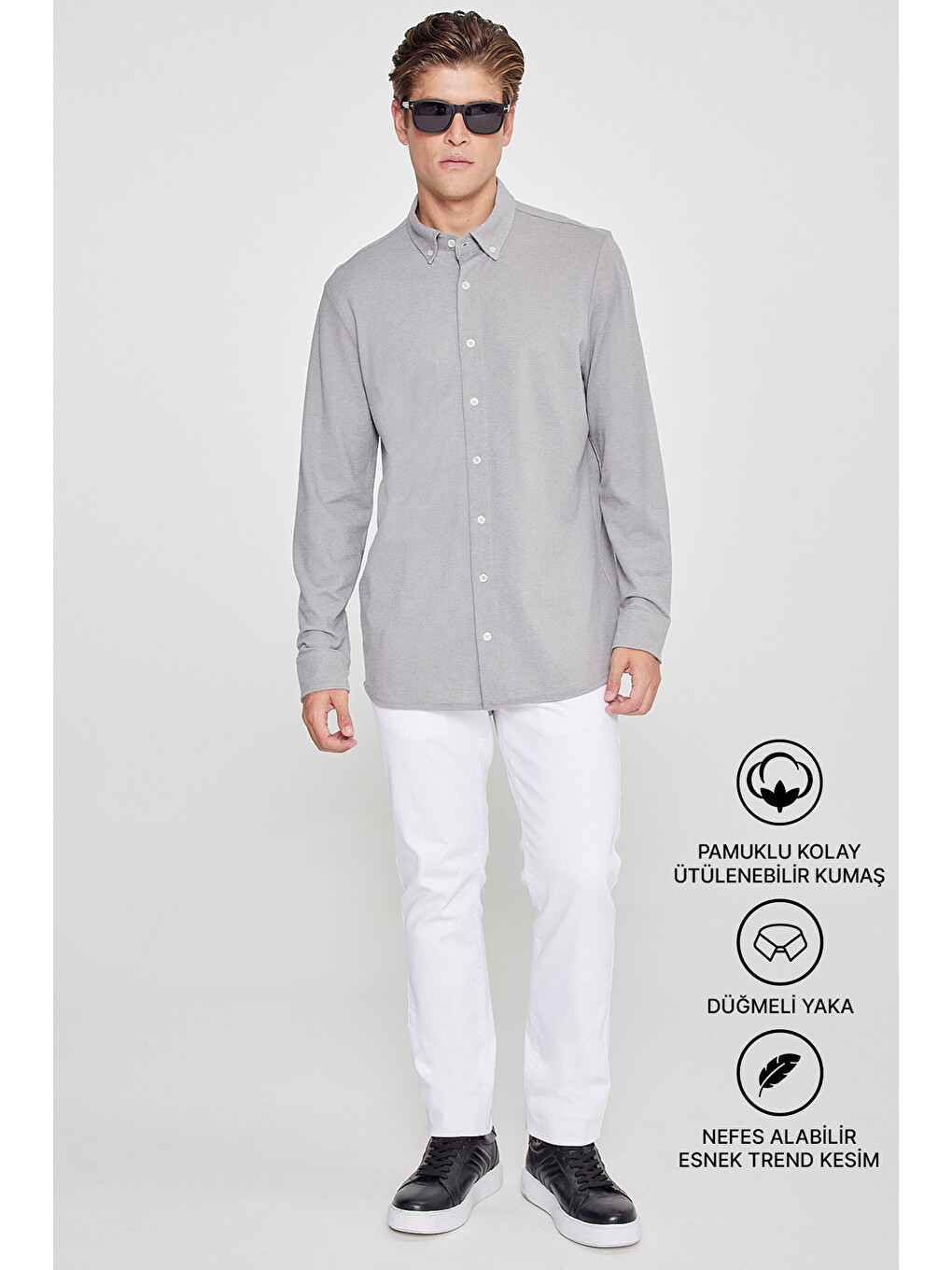 Erkek Gri Pamuklu Tailored Slim Fit Dar Kesim Düğmeli Yaka Örme Gömlek