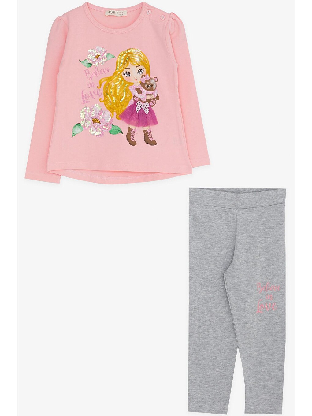 Pembe Kız Bebek Taytlı Takım Baskılı Pullu Pudra (1.5-4 Yaş)