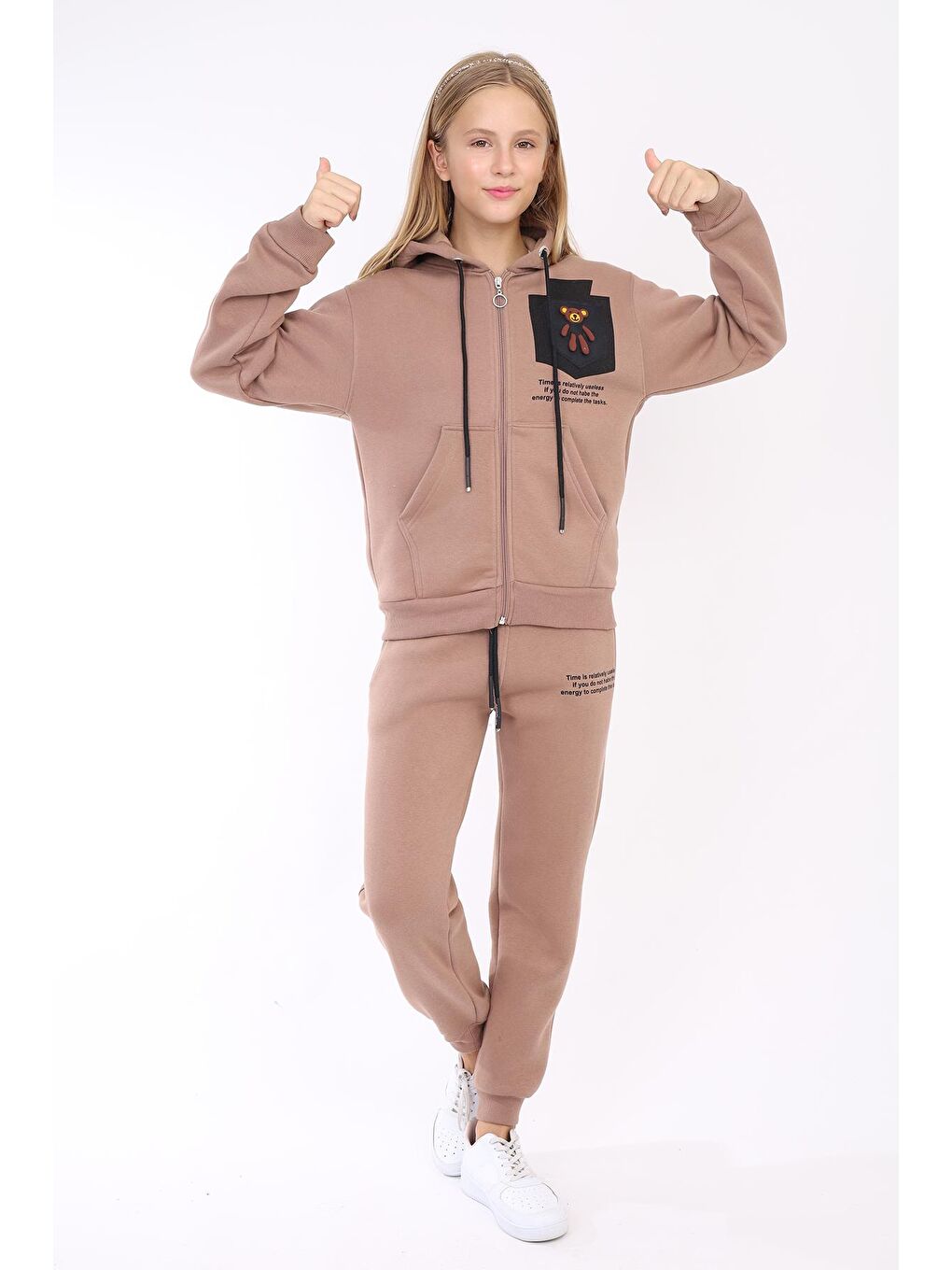 Kahverengi Kız Çocuk Ayıcık Detaylı 3 İplik Kalın Takım 9-14 Yaş Lx169