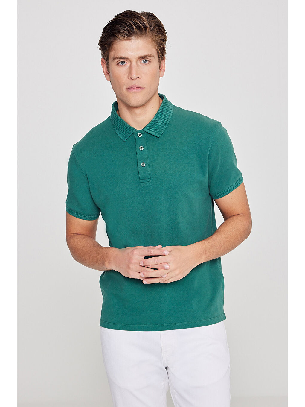 Erkek Koyu Yeşil Slim Fit Dar Kesim Polo Yaka %100 Pamuk Kısa Kollu Tişört-2