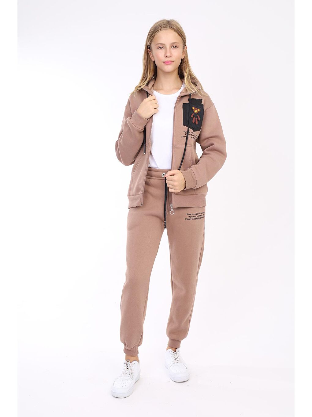 Kahverengi Kız Çocuk Ayıcık Detaylı 3 İplik Kalın Takım 9-14 Yaş Lx169-1