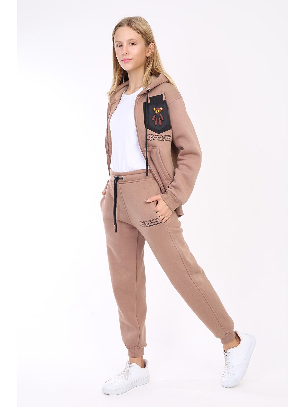 Kahverengi Kız Çocuk Ayıcık Detaylı 3 İplik Kalın Takım 9-14 Yaş Lx169-2