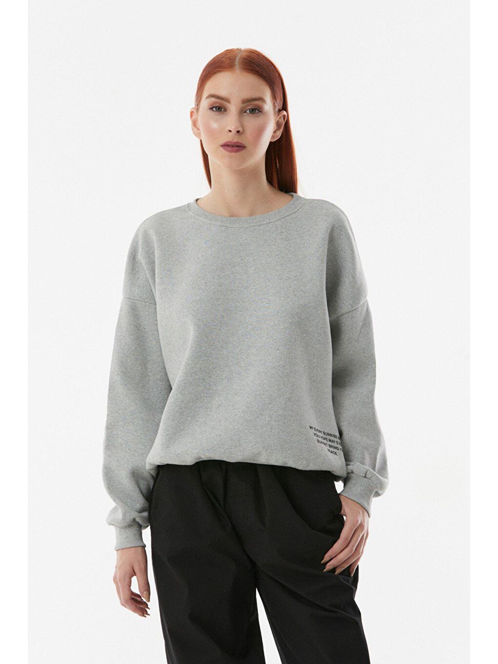 Gri Baskılı Bisiklet Yaka Sweatshirt