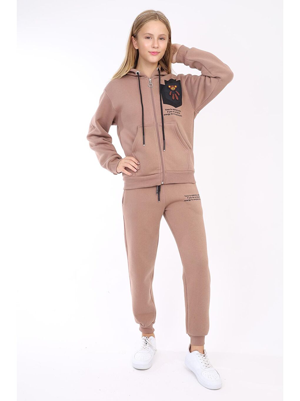 Kahverengi Kız Çocuk Ayıcık Detaylı 3 İplik Kalın Takım 9-14 Yaş Lx169-3