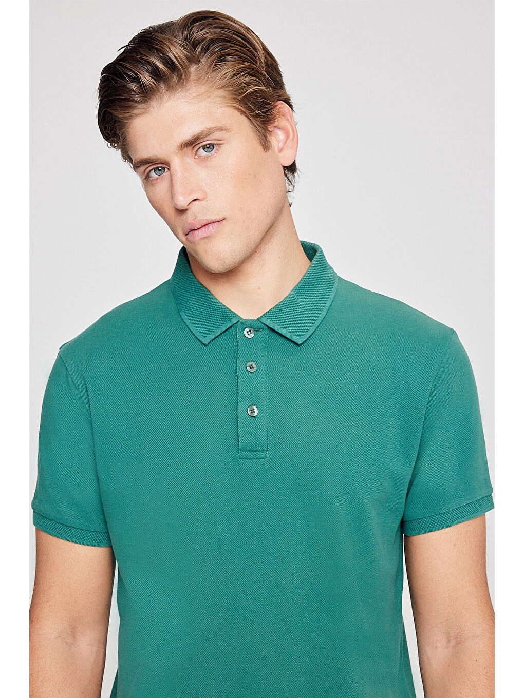 Erkek Koyu Yeşil Slim Fit Dar Kesim Polo Yaka %100 Pamuk Kısa Kollu Tişört-3