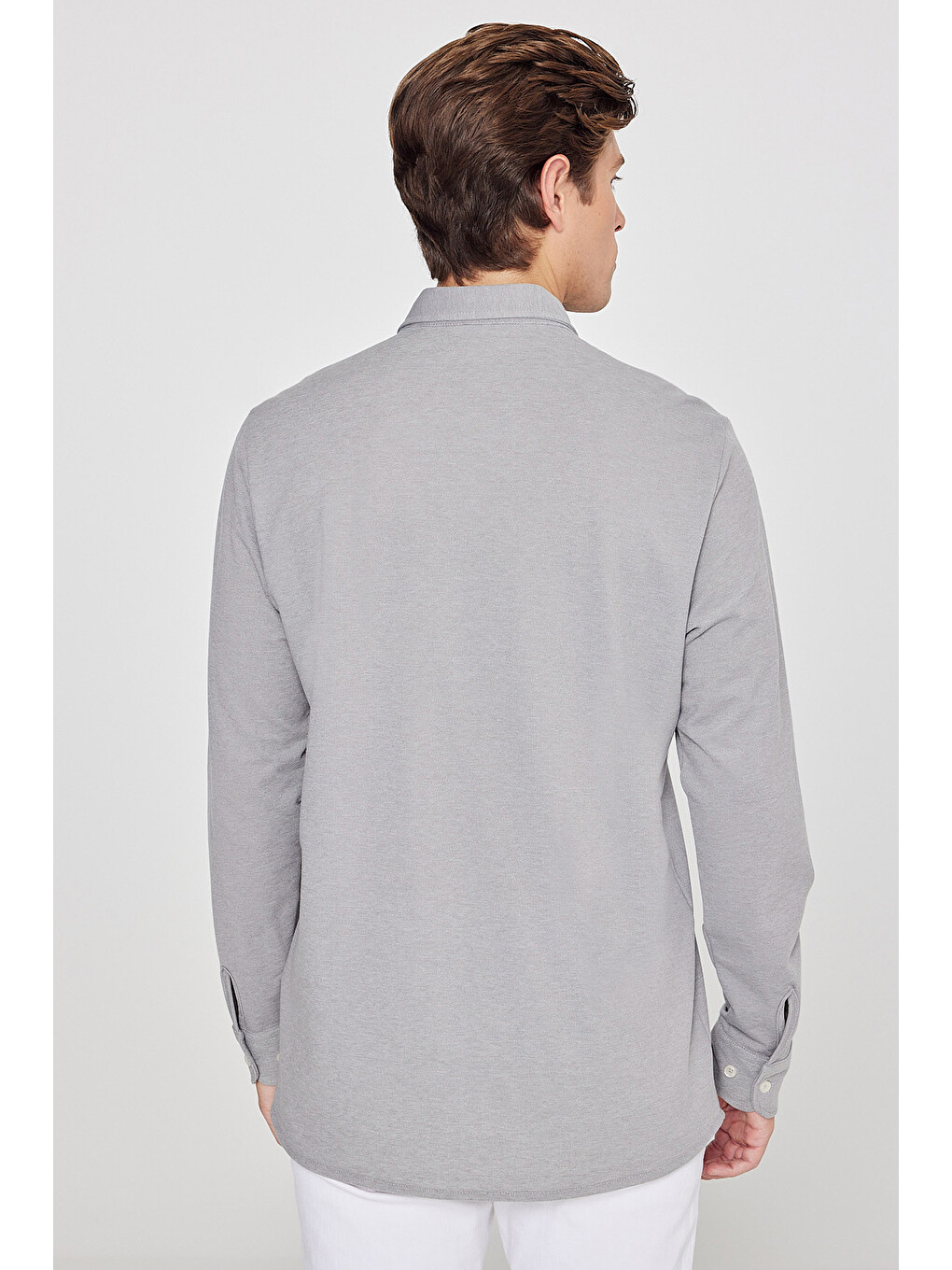 Erkek Gri Pamuklu Tailored Slim Fit Dar Kesim Düğmeli Yaka Örme Gömlek-5