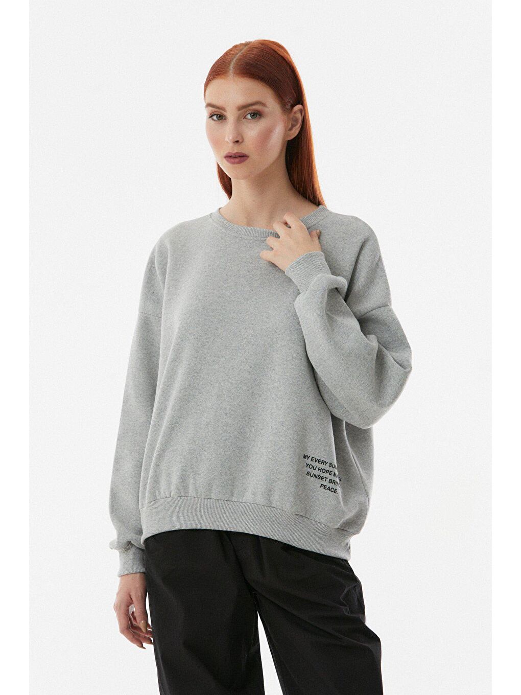 Gri Baskılı Bisiklet Yaka Sweatshirt-2