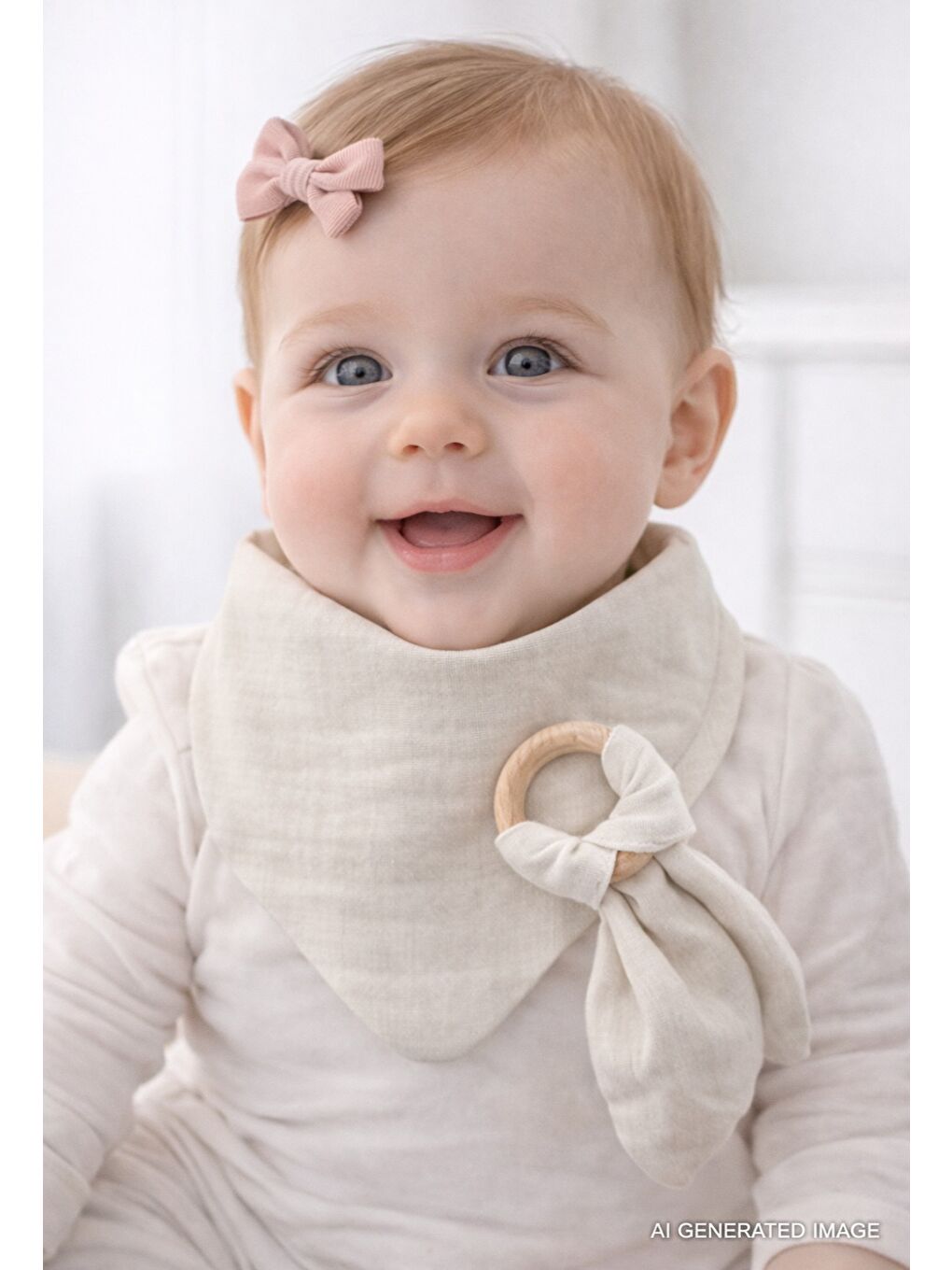 Ahşap Diş Kaşıyıcılı Bürümcük Müslin Önlük Ekru