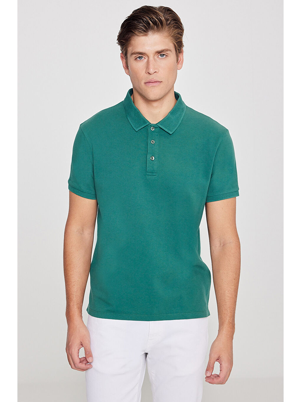 Erkek Koyu Yeşil Slim Fit Dar Kesim Polo Yaka %100 Pamuk Kısa Kollu Tişört-5