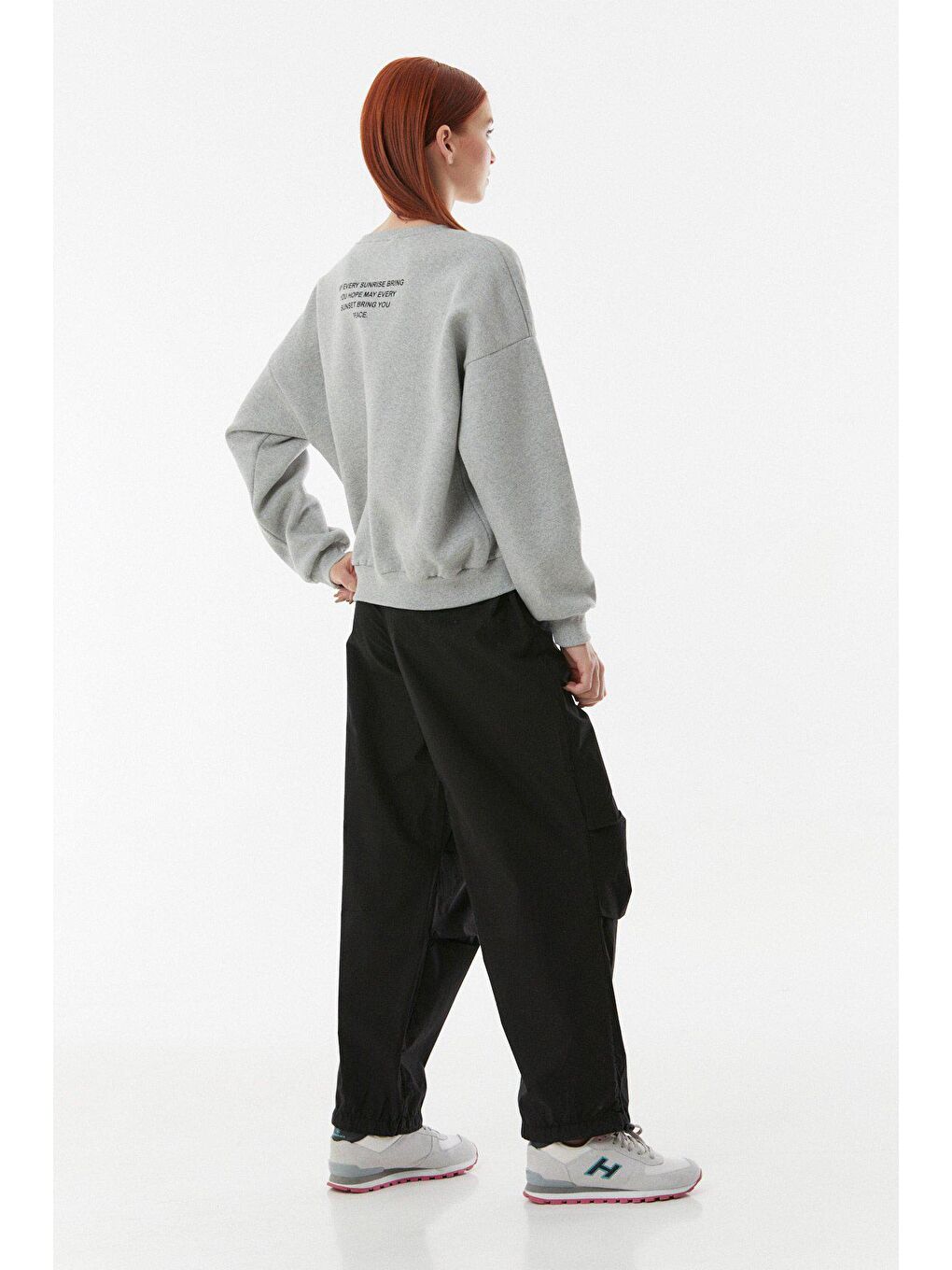 Gri Baskılı Bisiklet Yaka Sweatshirt-3