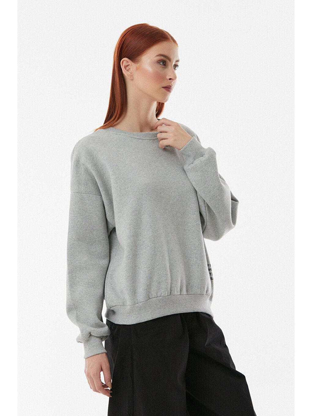 Gri Baskılı Bisiklet Yaka Sweatshirt-4