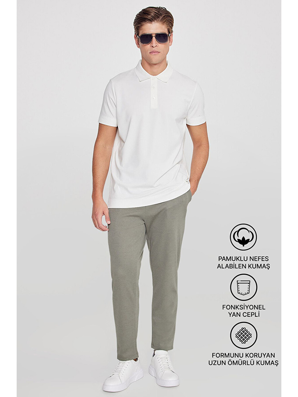 Erkek Haki Pamuklu Standart Fit Normal Kesim Beli Lastikli Diagonal Desenli Örme Pantolon