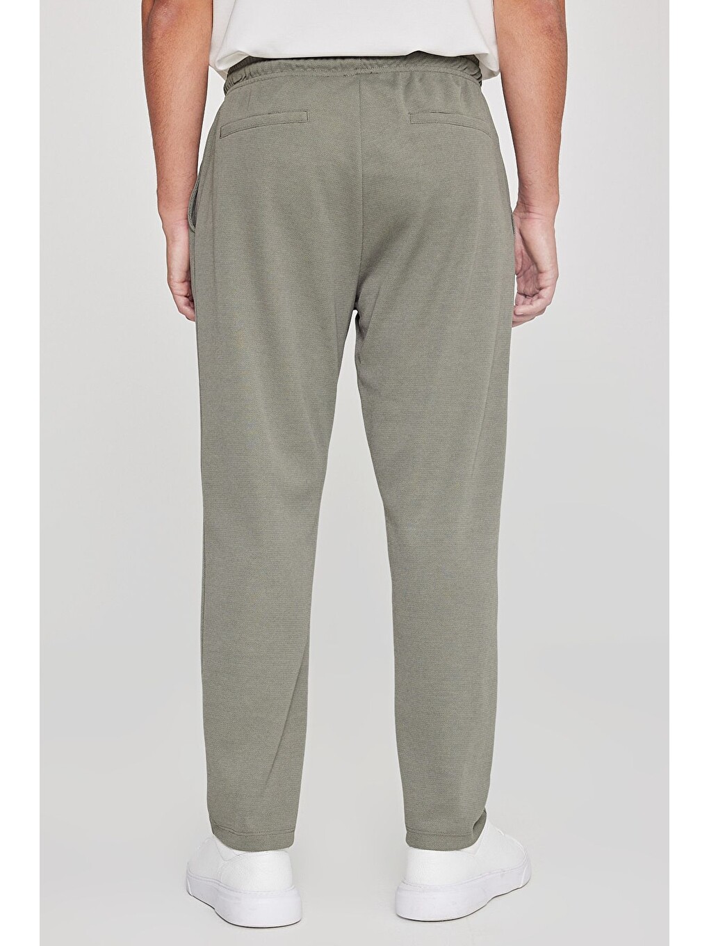 Erkek Haki Pamuklu Standart Fit Normal Kesim Beli Lastikli Diagonal Desenli Örme Pantolon-5