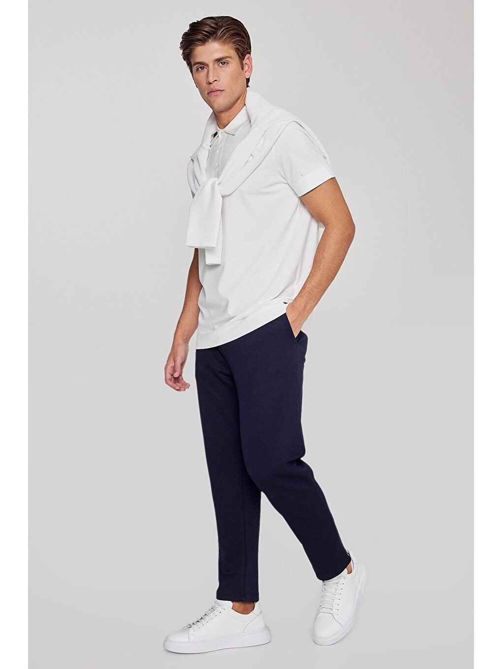 Erkek Lacivert Pamuklu Standart Fit Normal Kesim Beli Lastikli Diagonal Desenli Örme Pantolon-3