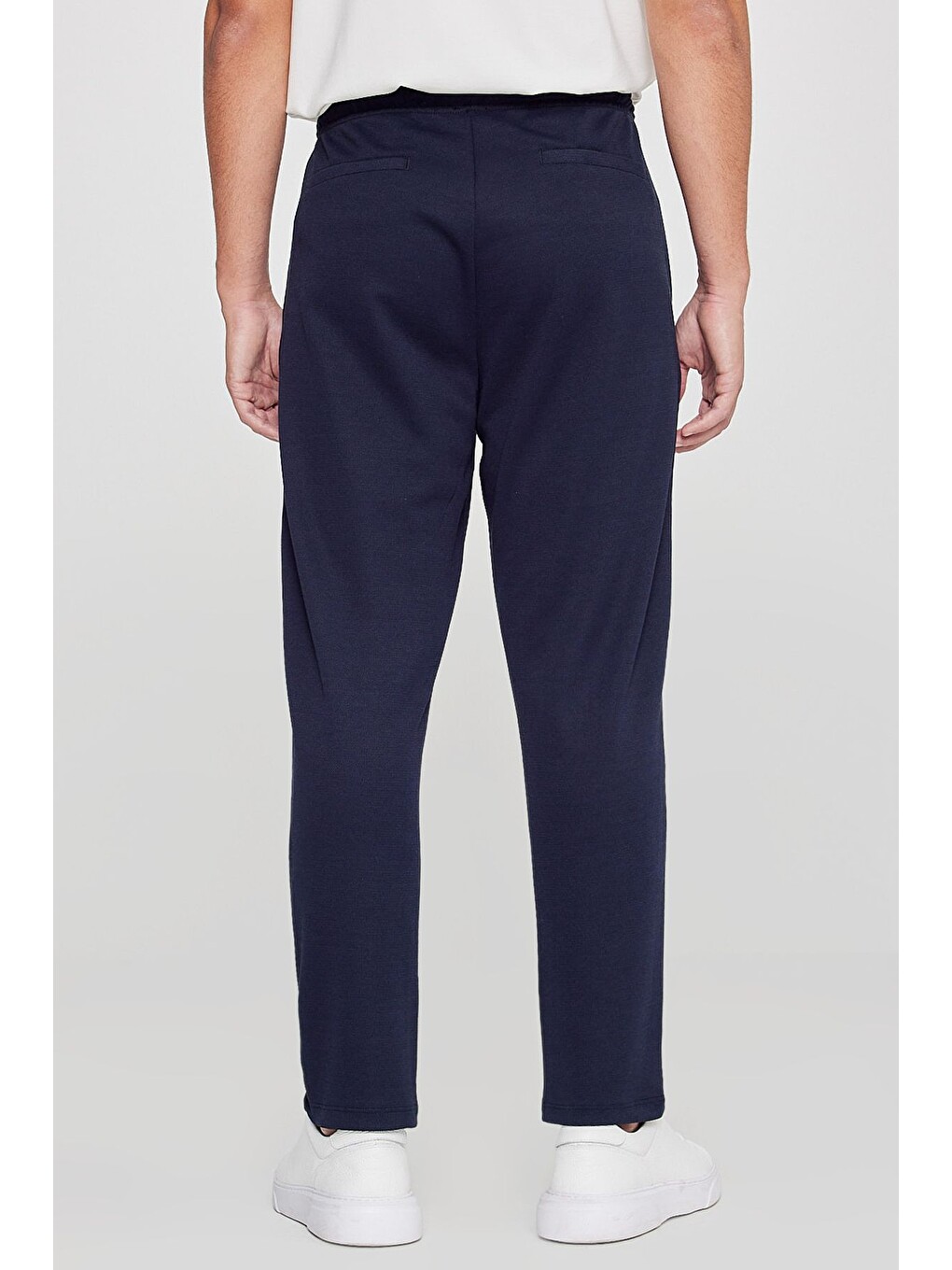 Erkek Lacivert Pamuklu Standart Fit Normal Kesim Beli Lastikli Diagonal Desenli Örme Pantolon-5