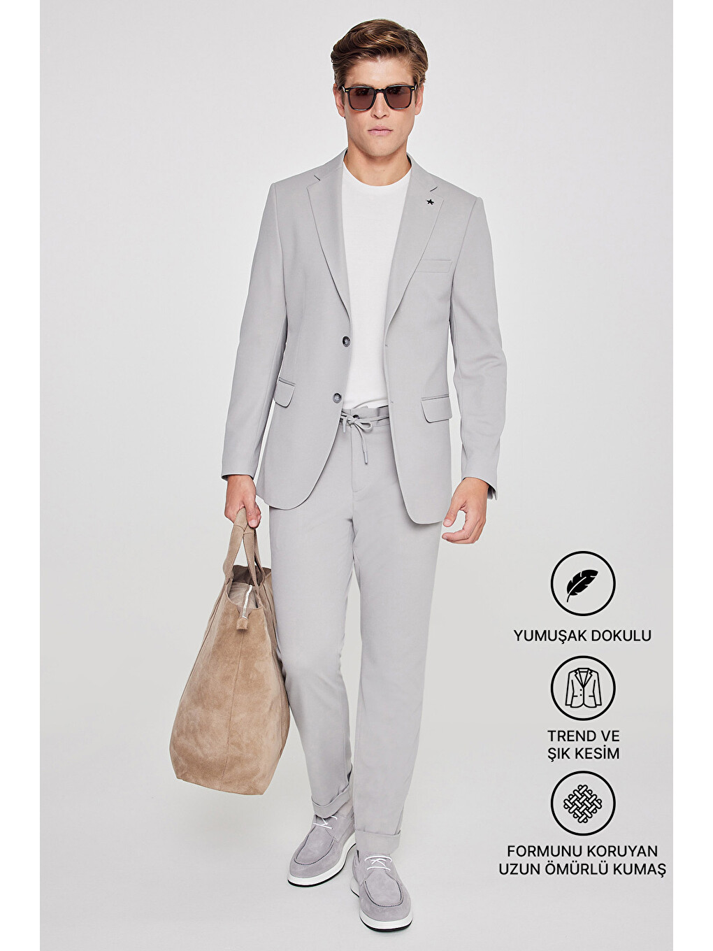 Erkek Gri Slim Fit Dar Kesim Mono Yaka Beli Bağlamalı Kapak Cepli Esnek Takım Elbise-1