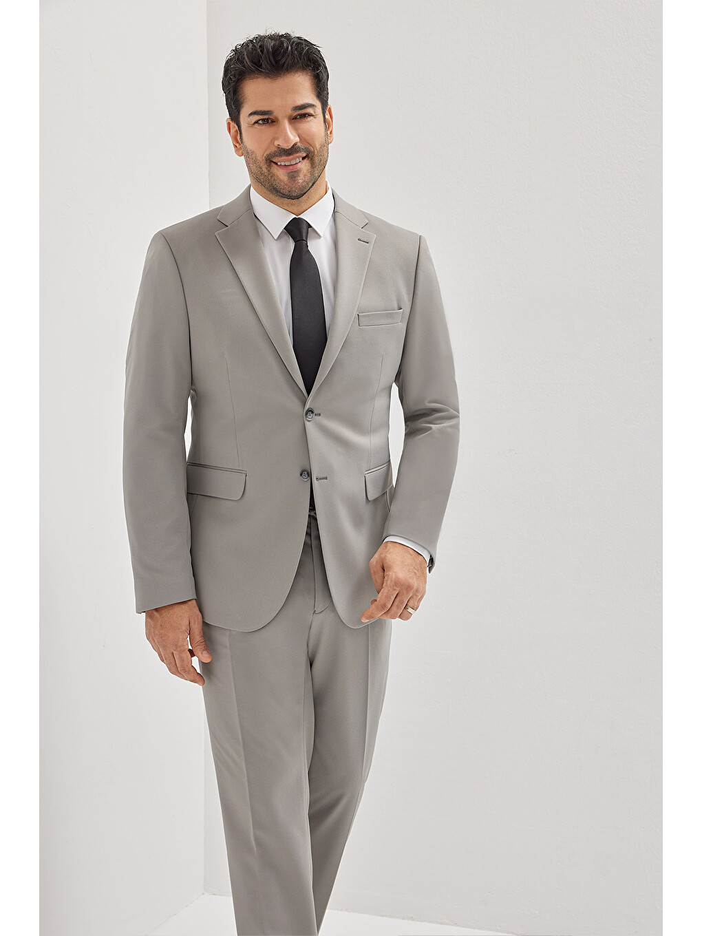 Erkek Gri Slim Fit Dar Kesim Mono Yaka Beli Bağlamalı Kapak Cepli Esnek Takım Elbise-2
