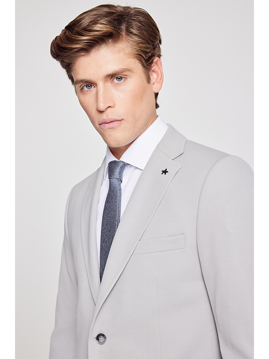 Erkek Gri Slim Fit Dar Kesim Mono Yaka Beli Bağlamalı Kapak Cepli Esnek Takım Elbise-5