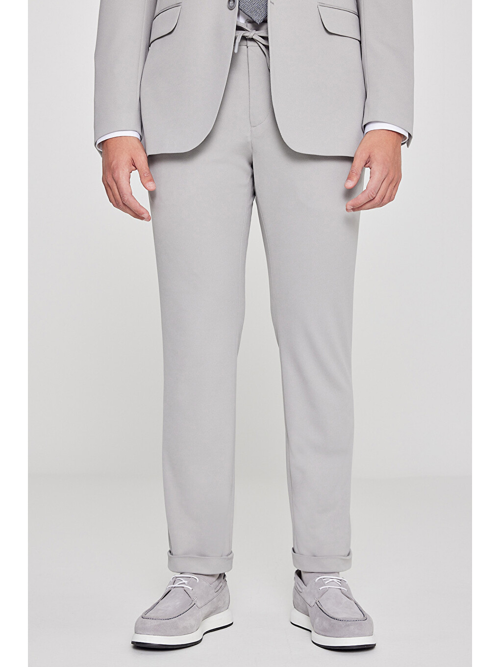Erkek Gri Slim Fit Dar Kesim Mono Yaka Beli Bağlamalı Kapak Cepli Esnek Takım Elbise-7