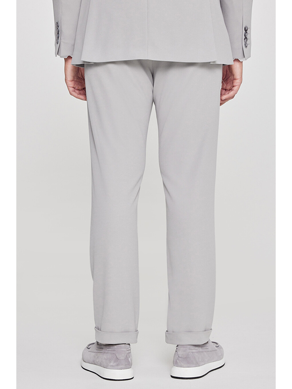 Erkek Gri Slim Fit Dar Kesim Mono Yaka Beli Bağlamalı Kapak Cepli Esnek Takım Elbise-9