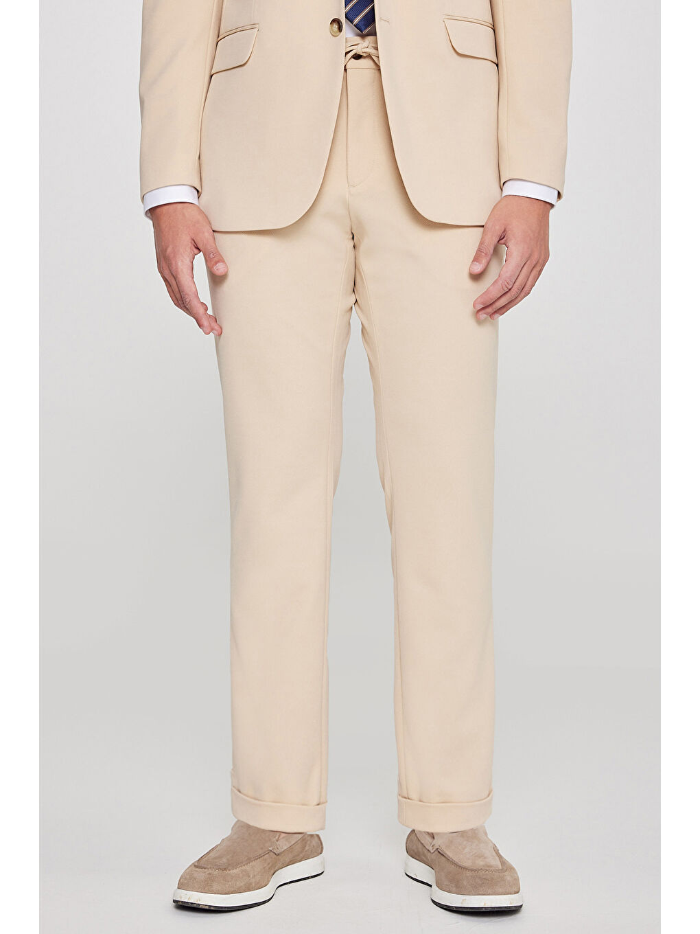 Erkek Bej Slim Fit Dar Kesim Mono Yaka Beli Bağlamalı Kapak Cepli Esnek Takım Elbise-5