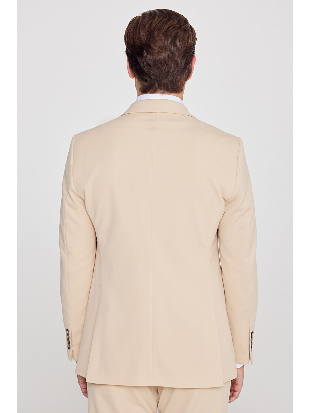 Erkek Bej Slim Fit Dar Kesim Mono Yaka Beli Bağlamalı Kapak Cepli Esnek Takım Elbise-6