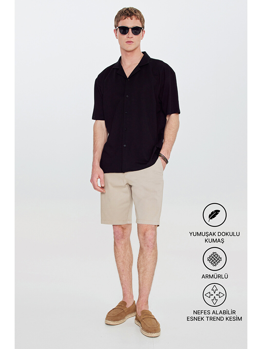 Erkek Siyah-Siyah Pamuklu Comfort Fit Rahat Kesim Hawai Yaka Armürlü Örme Gömlek