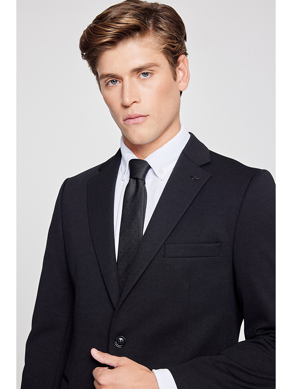 Erkek Siyah Slim Fit Dar Kesim Mono Yaka Beli Bağlamalı Kapak Cepli Esnek Takım Elbise-4