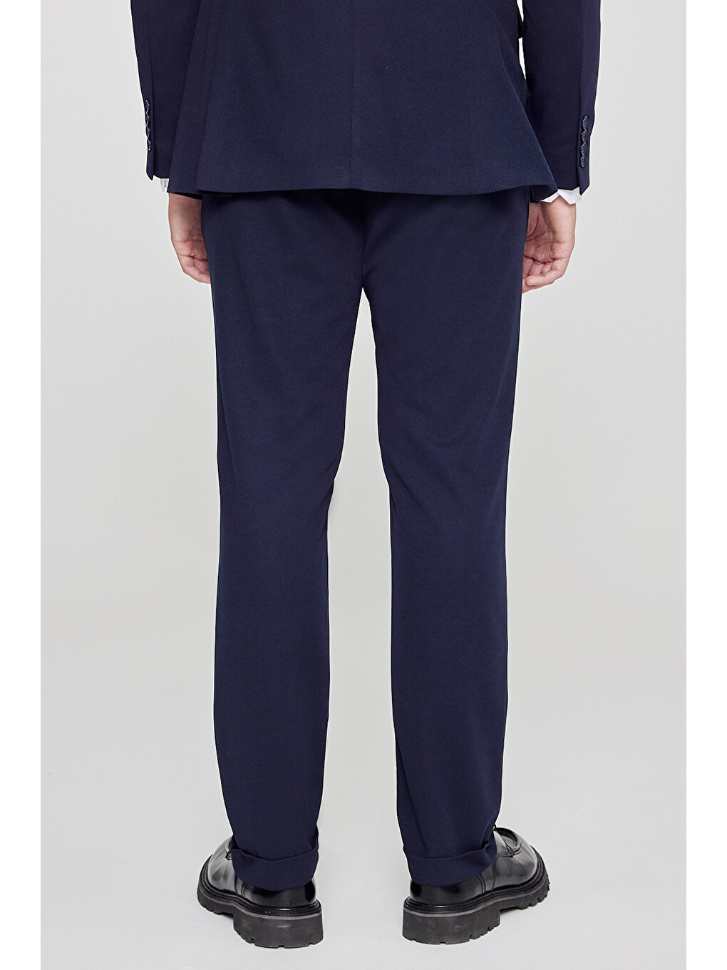 Erkek Lacivert Slim Fit Dar Kesim Mono Yaka Beli Bağlamalı Kapak Cepli Esnek Takım Elbise-8