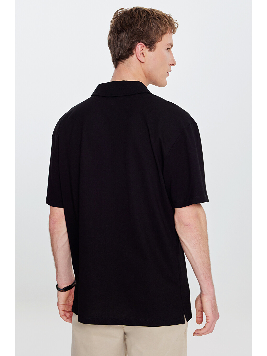 Erkek Siyah-Siyah Pamuklu Comfort Fit Rahat Kesim Hawai Yaka Armürlü Örme Gömlek-5