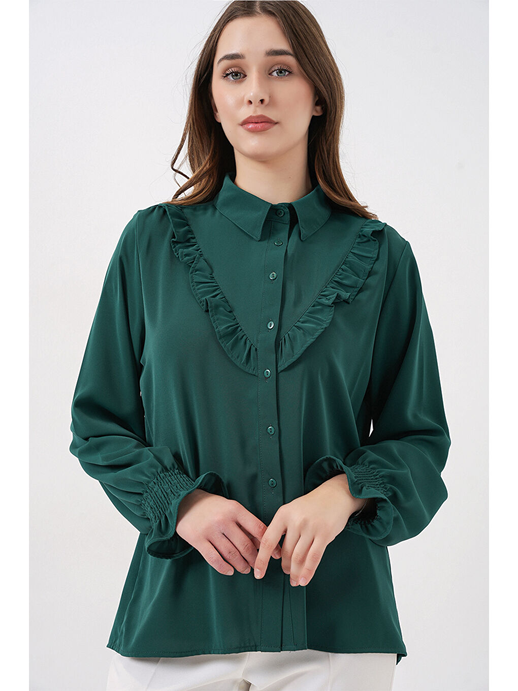 20223 Fırfırlı Uzun Kol Gömlek - Zümrüt Yeşili