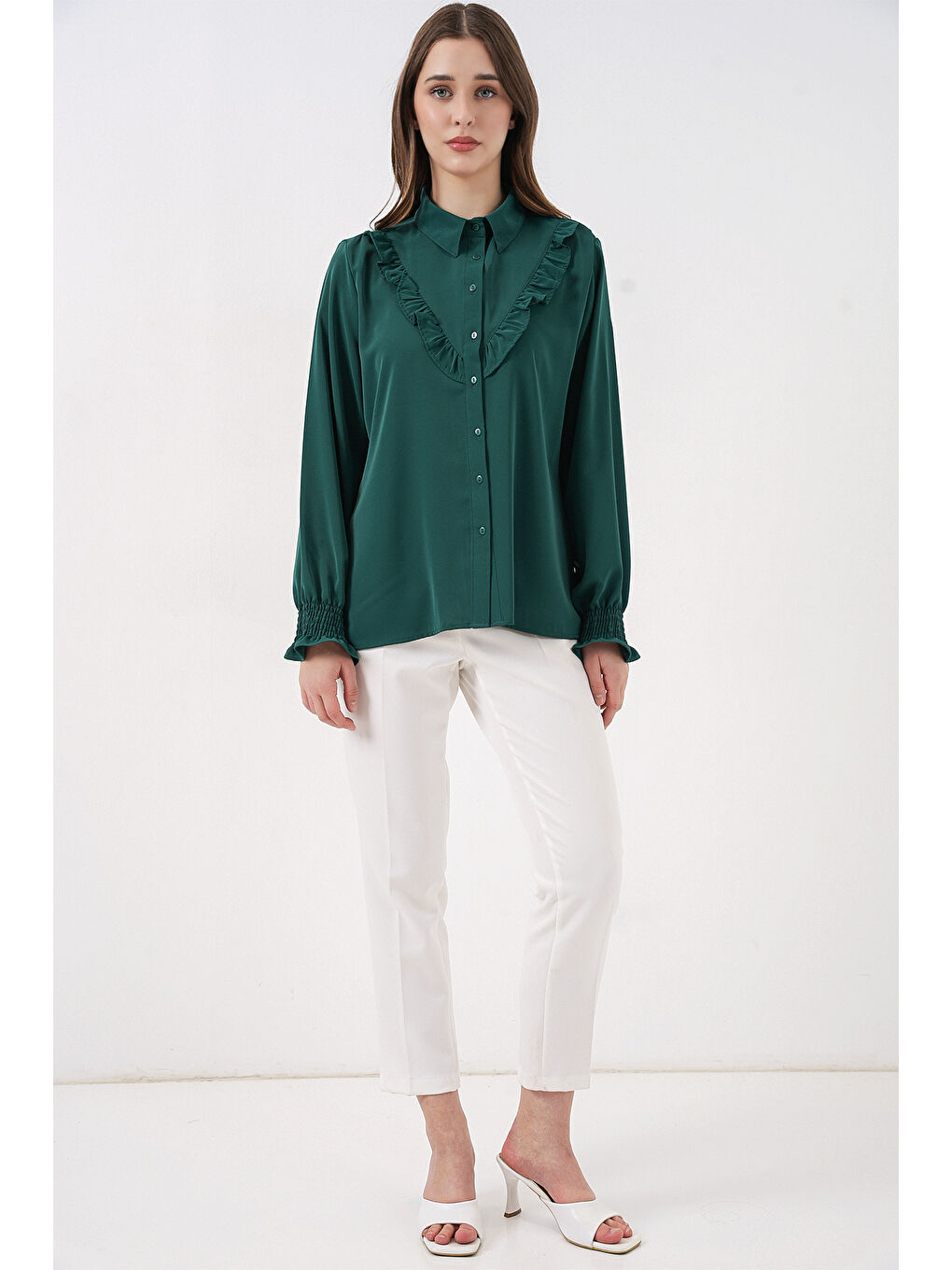 20223 Fırfırlı Uzun Kol Gömlek - Zümrüt Yeşili-1