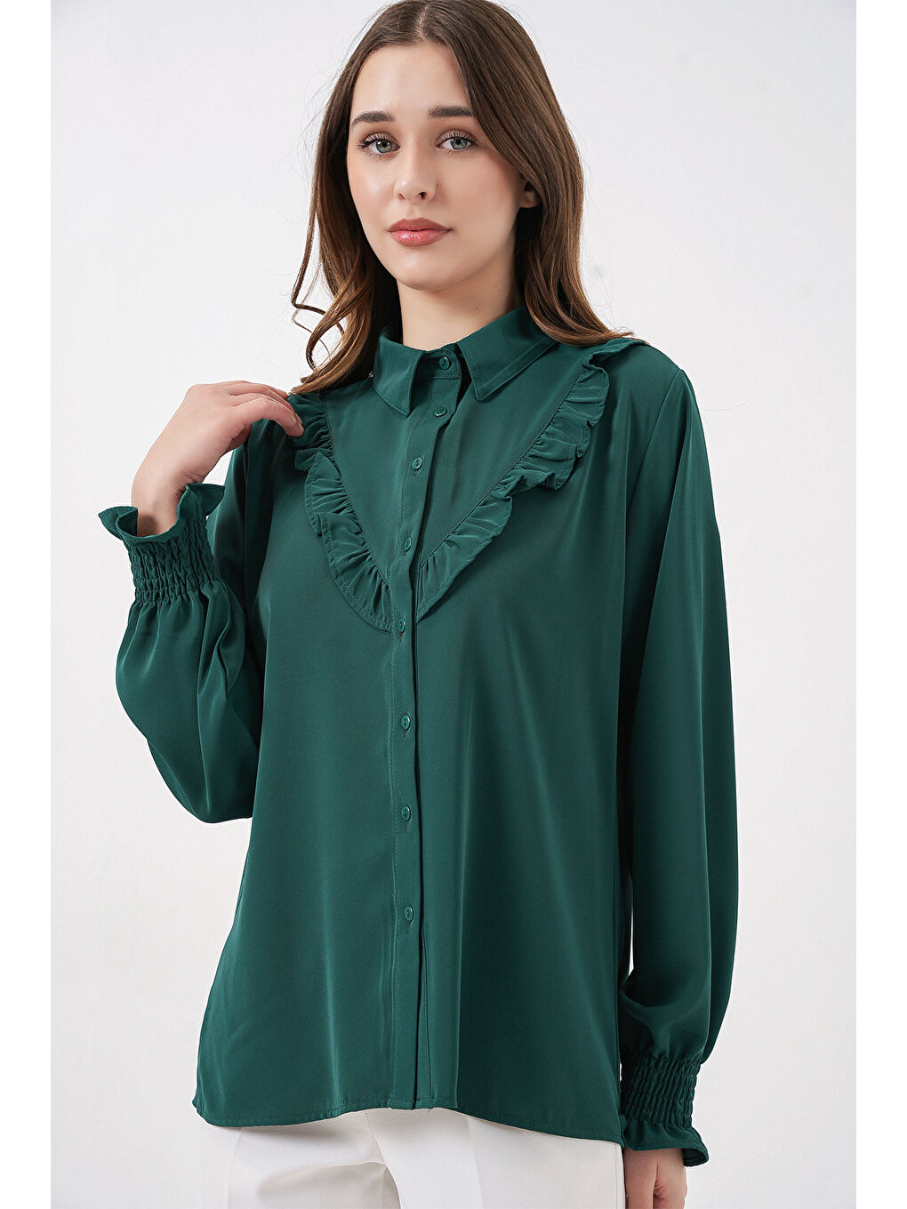 20223 Fırfırlı Uzun Kol Gömlek - Zümrüt Yeşili-2