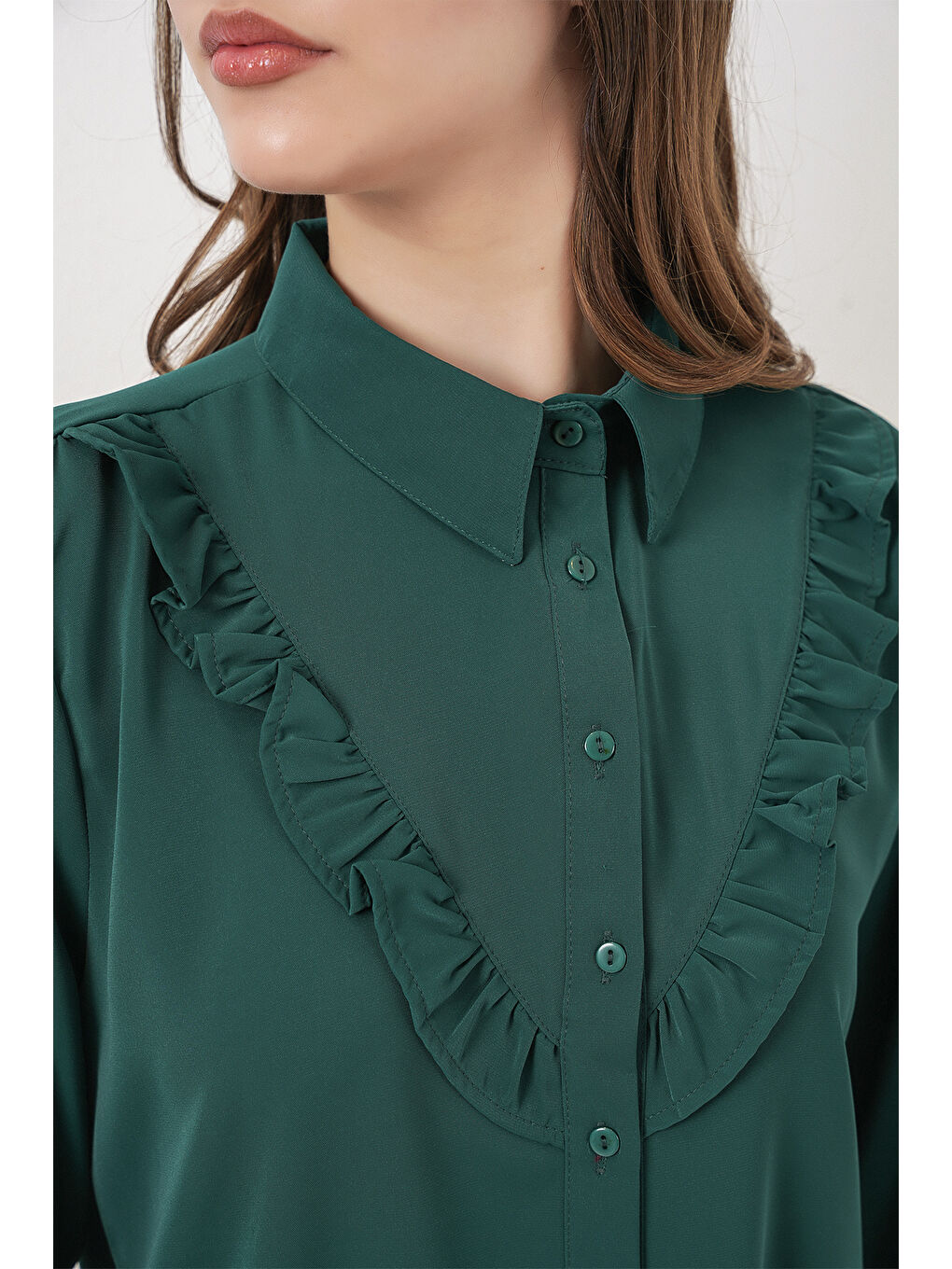 20223 Fırfırlı Uzun Kol Gömlek - Zümrüt Yeşili-3