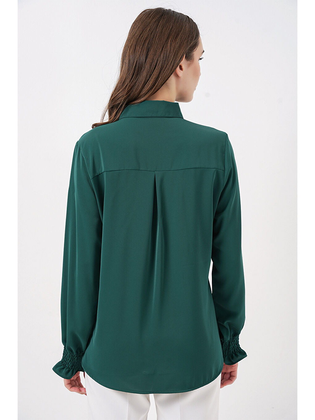 20223 Fırfırlı Uzun Kol Gömlek - Zümrüt Yeşili-4