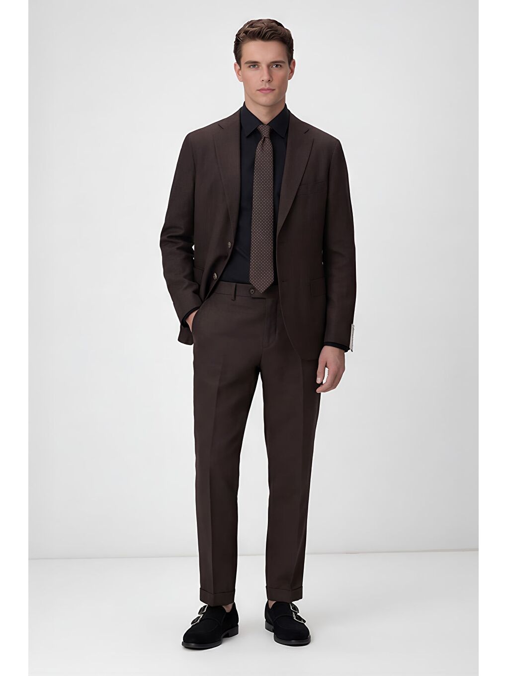 Kahverengi Erkek Kahve Dar Kesim Slim Fit %100 Keten Mono Yaka Astarsız Çift Yırtmaçlı 6 Drop Takım Elbise-1
