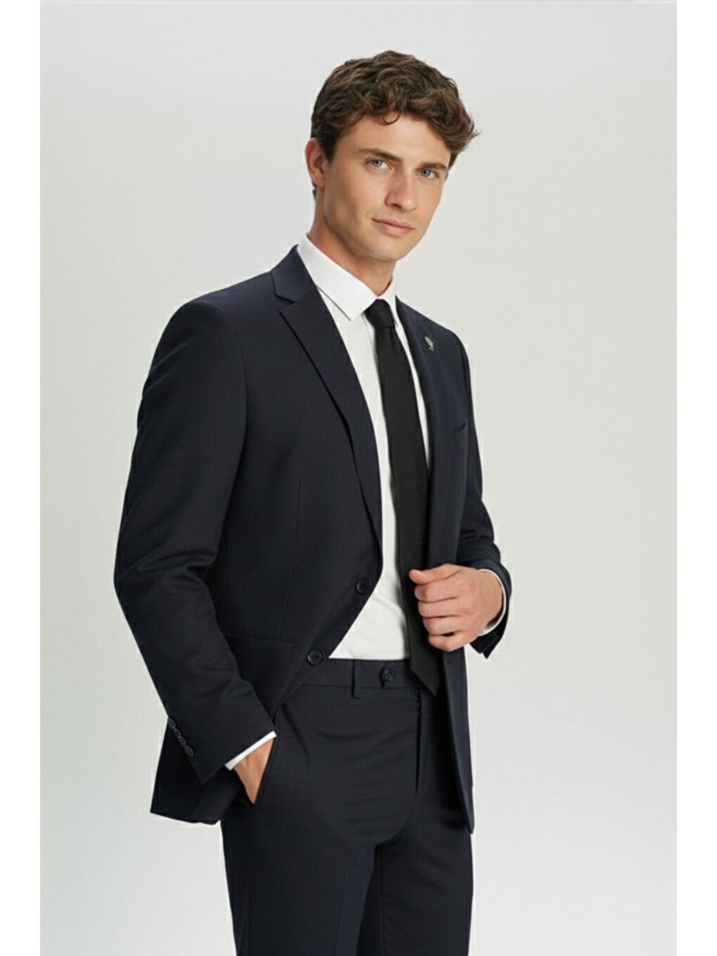 Erkek Lacivert Dar Kesim Slim Fit Viskon Çizgili Mono Yaka 6 Drop Takım Elbise-2