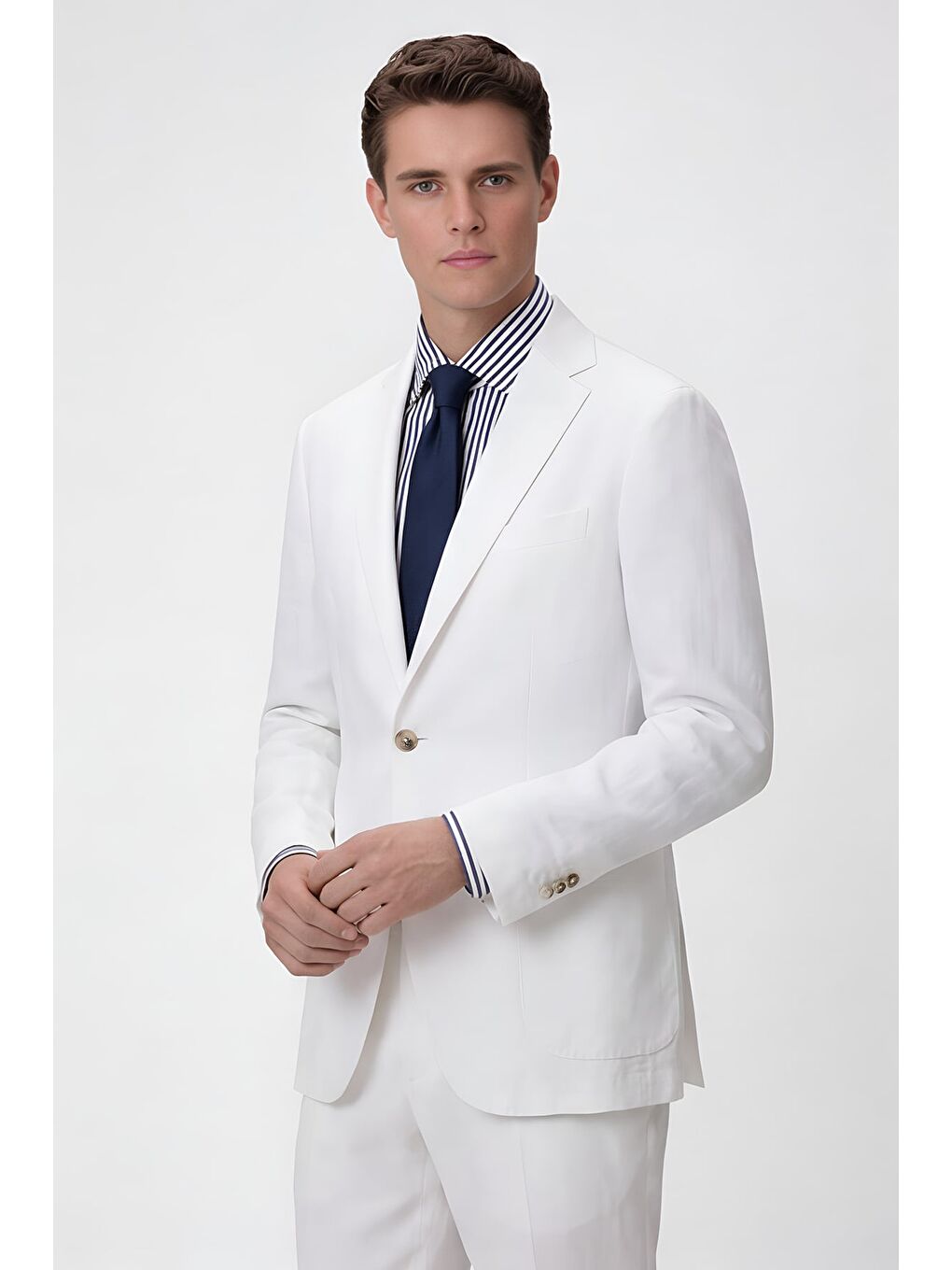 Erkek Beyaz Dar Kesim Slim Fit %100 Keten Mono Yaka Astarsız Çift Yırtmaçlı 6 Drop Takım Elbise