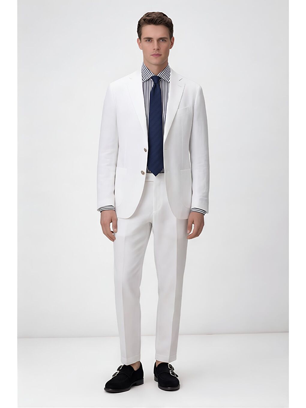 Erkek Beyaz Dar Kesim Slim Fit %100 Keten Mono Yaka Astarsız Çift Yırtmaçlı 6 Drop Takım Elbise-1